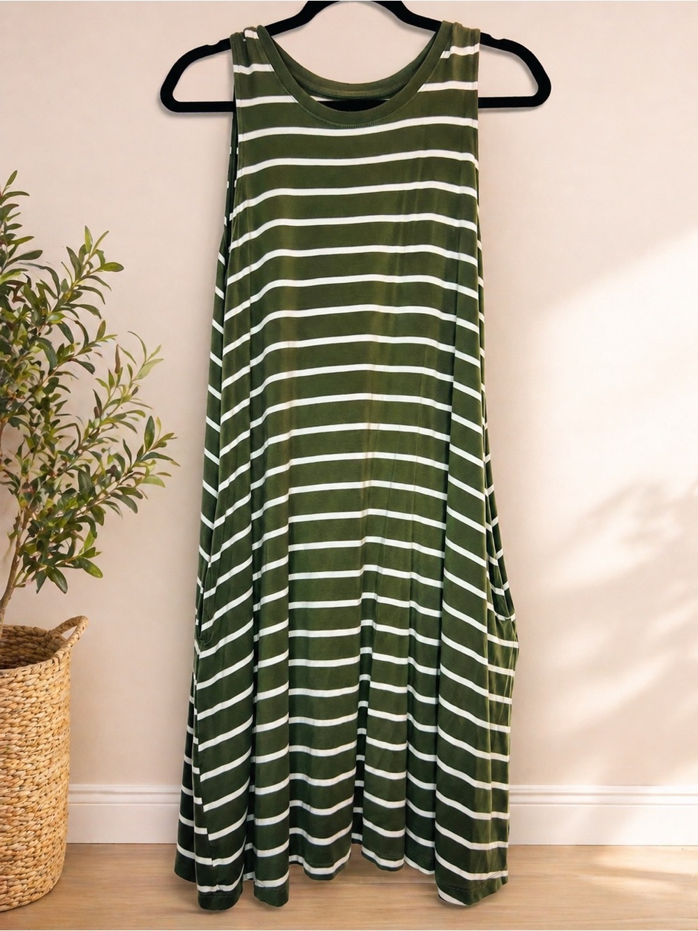 Sleeveless Olive Green & White Striped Pocket Dress